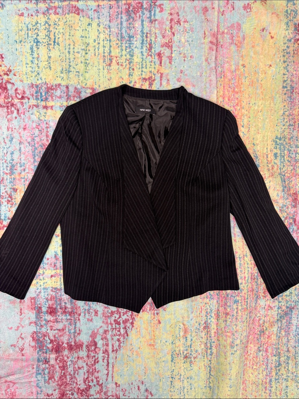 Nine West Black Pinstripe Tailored Open-Front Blazer